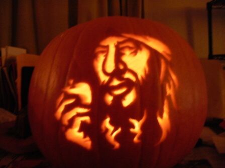 A pumpkin carved with Captain Barbossa from Pirates of the Caribbean.