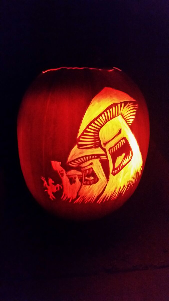 A pumpkin carved with the Army of Mushrooms cover art by Infected Mushroom.