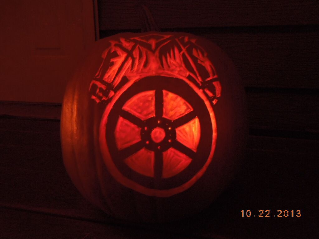 A pumpkin carved with the Teamsters logo.