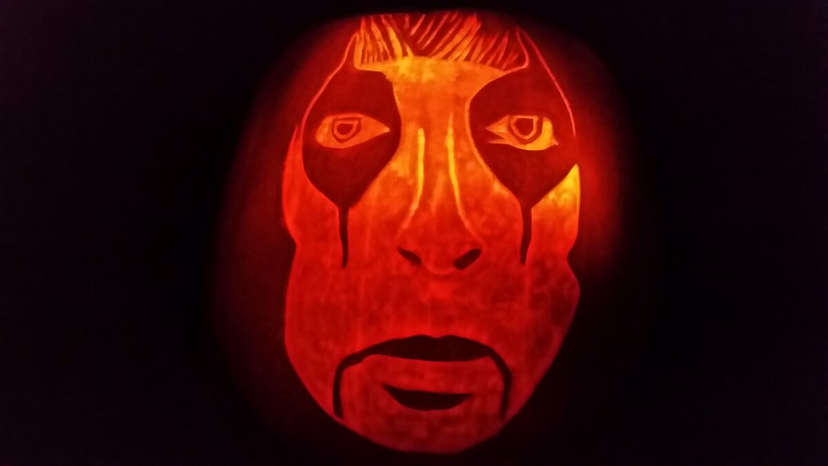A pumpkin carved with Alice Cooper.
