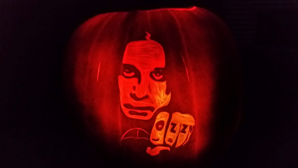 A pumpkin carved with Ozzy Osbourne.