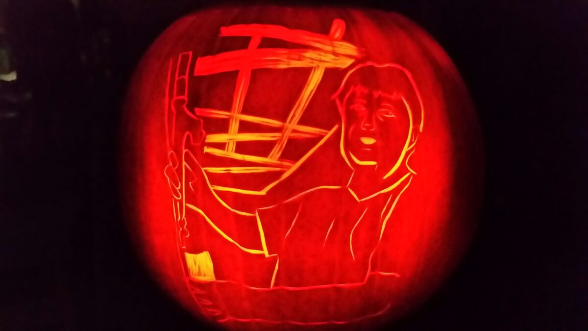 A pumpkin carved for Stone's Throw Brewing.