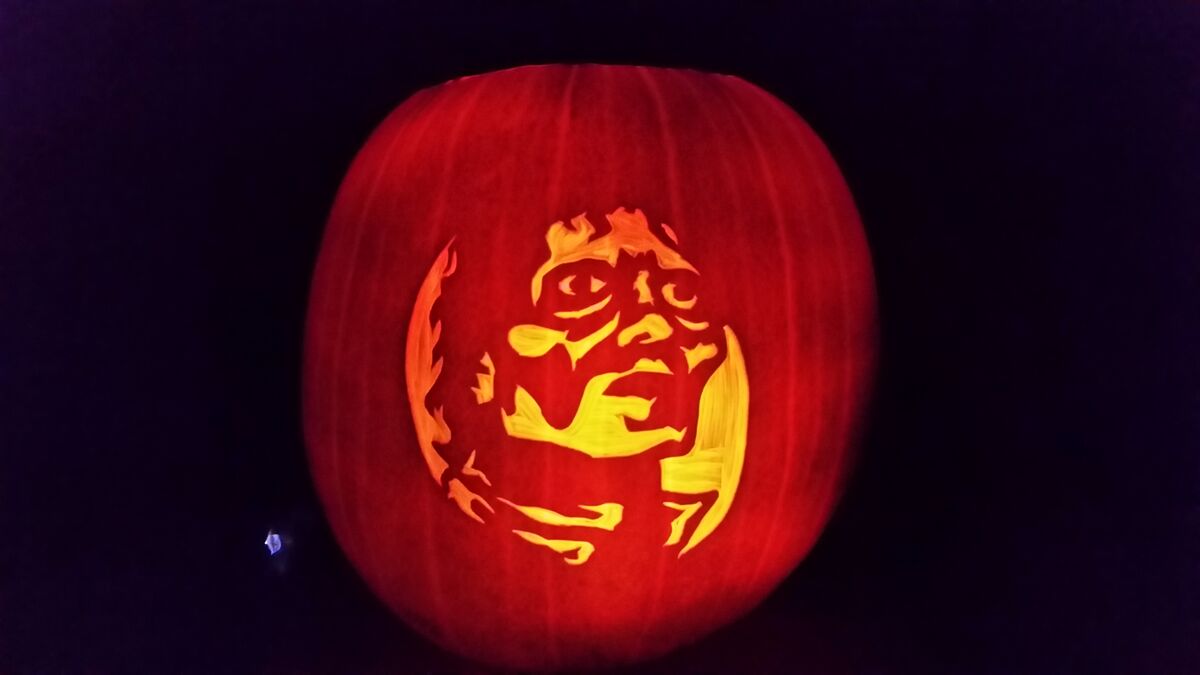 A pumpkin carved with Michael Jackson's Thriller.