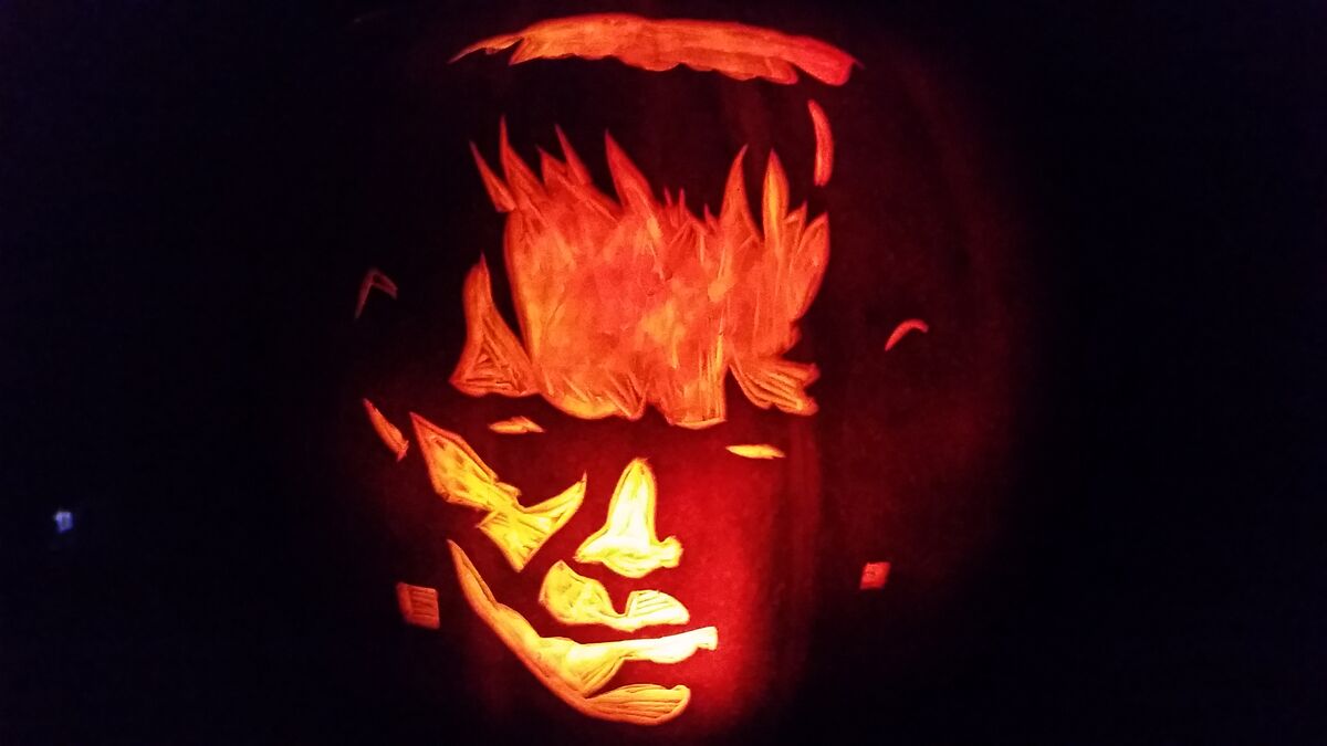 A pumpkin carved with Frankenstein's monster from Frankenstein (1931).