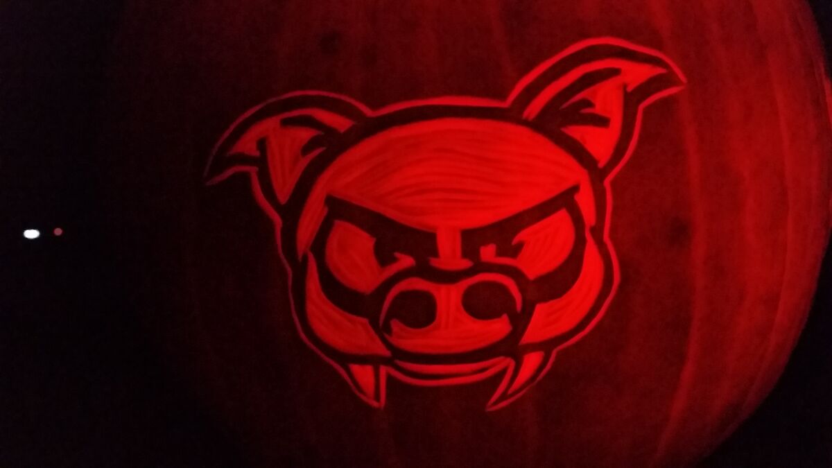 A pumpkin carved with Porkula, a vampire pig.
