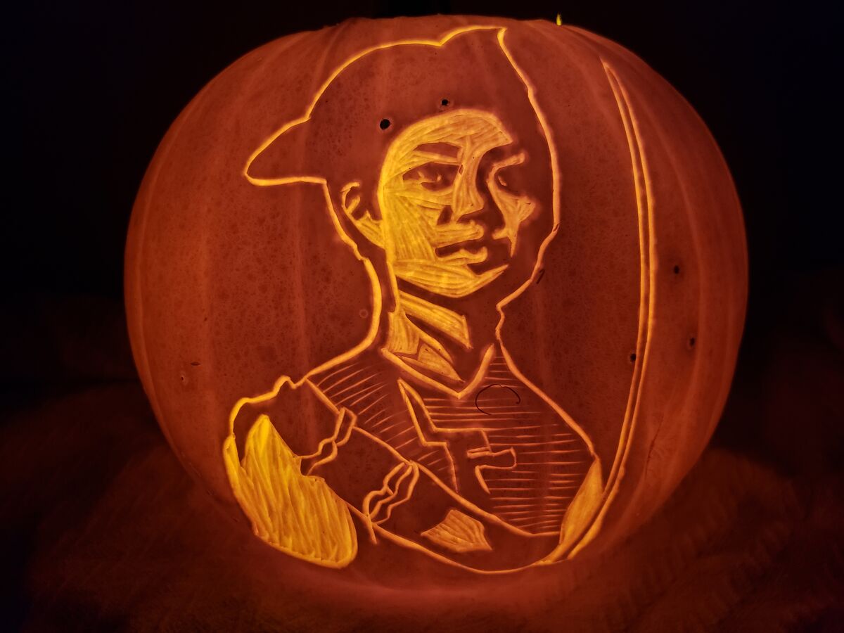 A pumpkin carved with Ching Shih, the Chinese pirate.