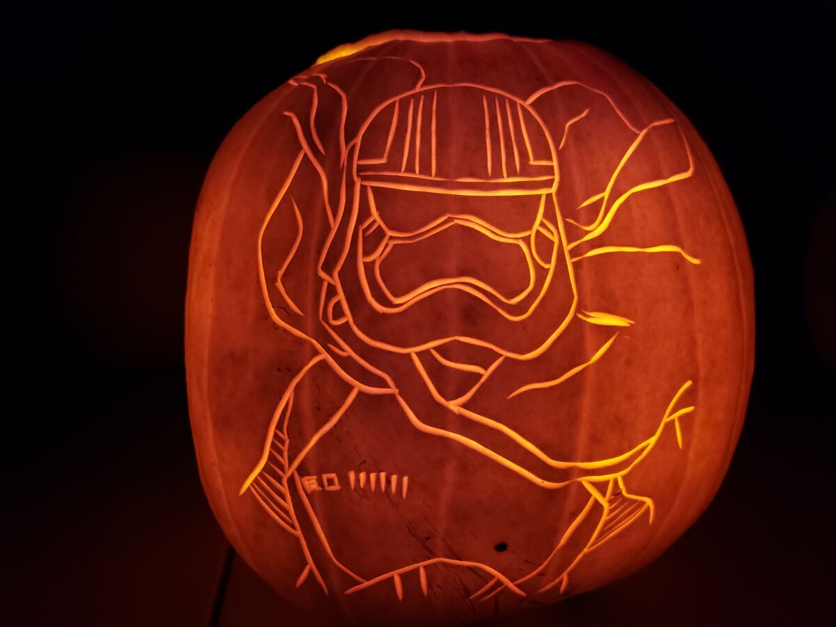 A pumpkin carved with Captain Phasma from Star Wars.