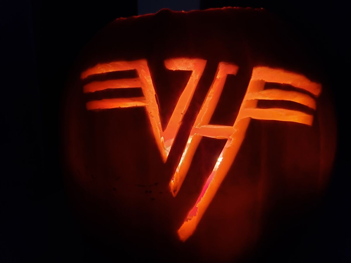 A pumpkin carved in memory of Eddie Van Halen.