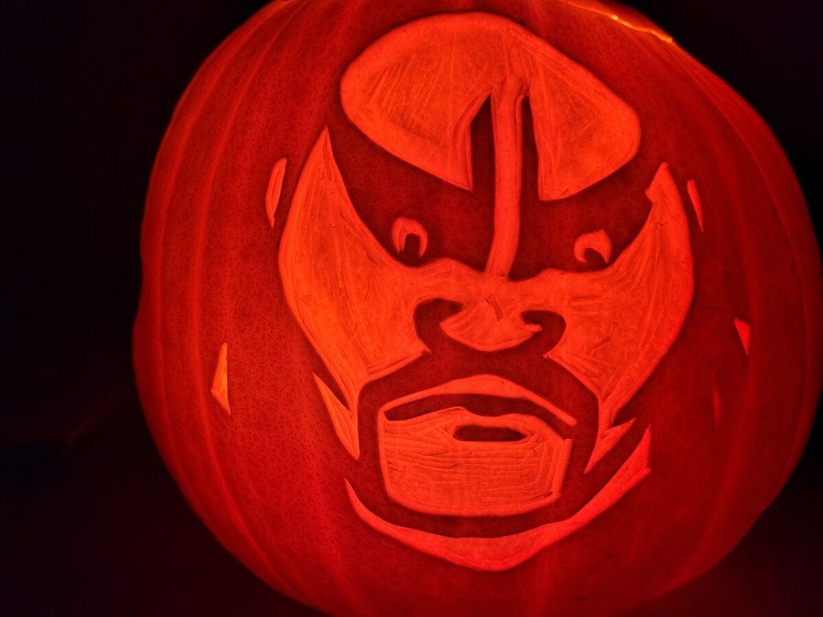 A pumpkin carved with Shan Yu from Mulan.