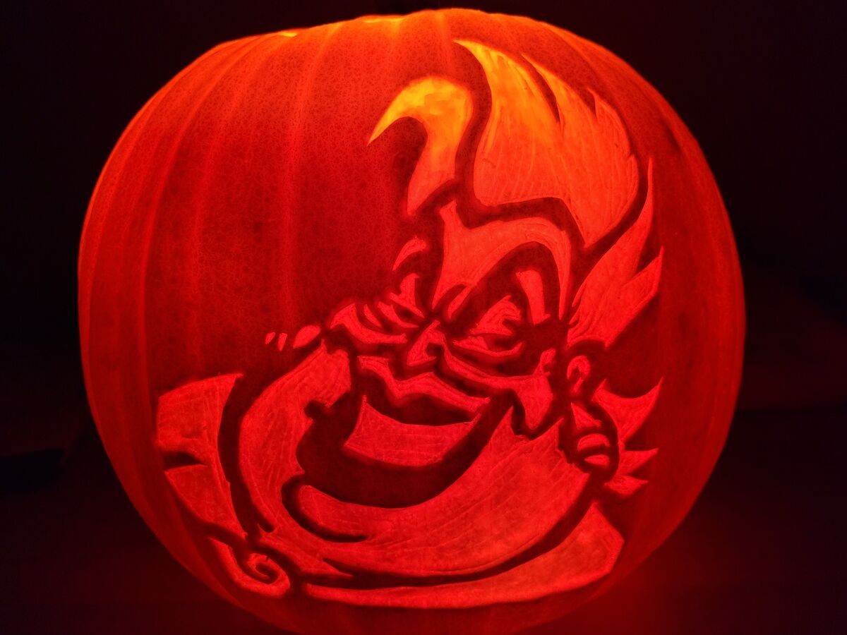 A pumpkin carved with Ursula from The Little Mermaid.