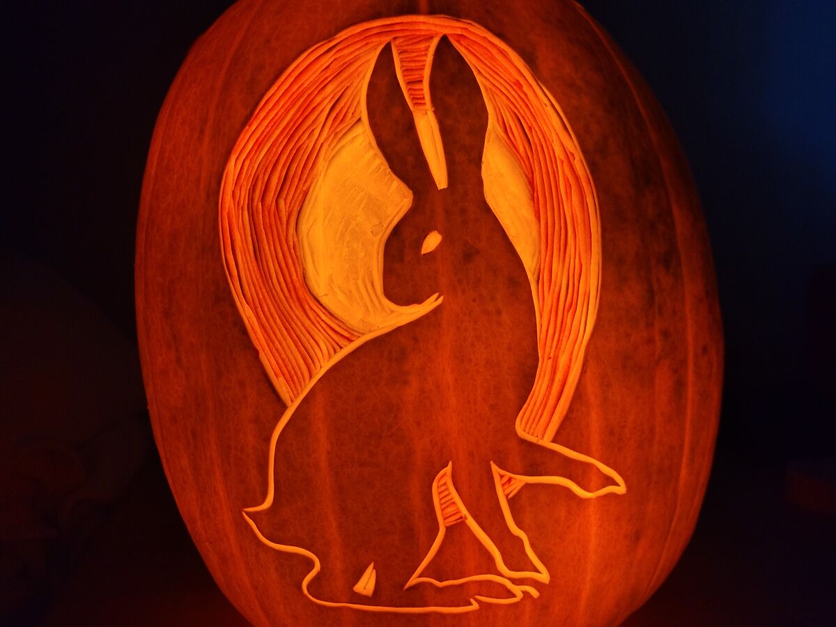 A pumpkin carved with imagery from Watership Down.