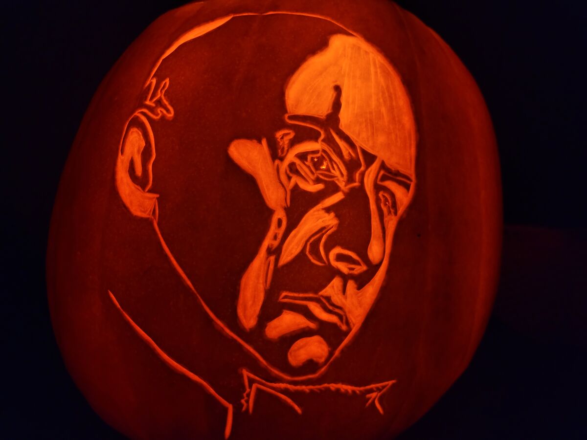 A pumpkin carved with Ernst Stavro Blofeld from You Only Live Twice.