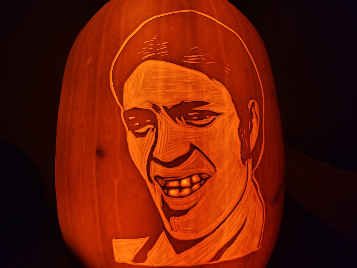 A pumpkin carved with Jaws from The Spy Who Loved Me.