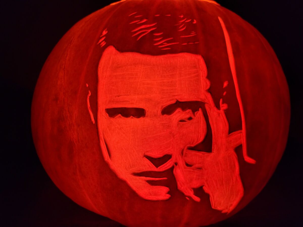 A pumpkin carved with Le Chiffre from Casino Royale.