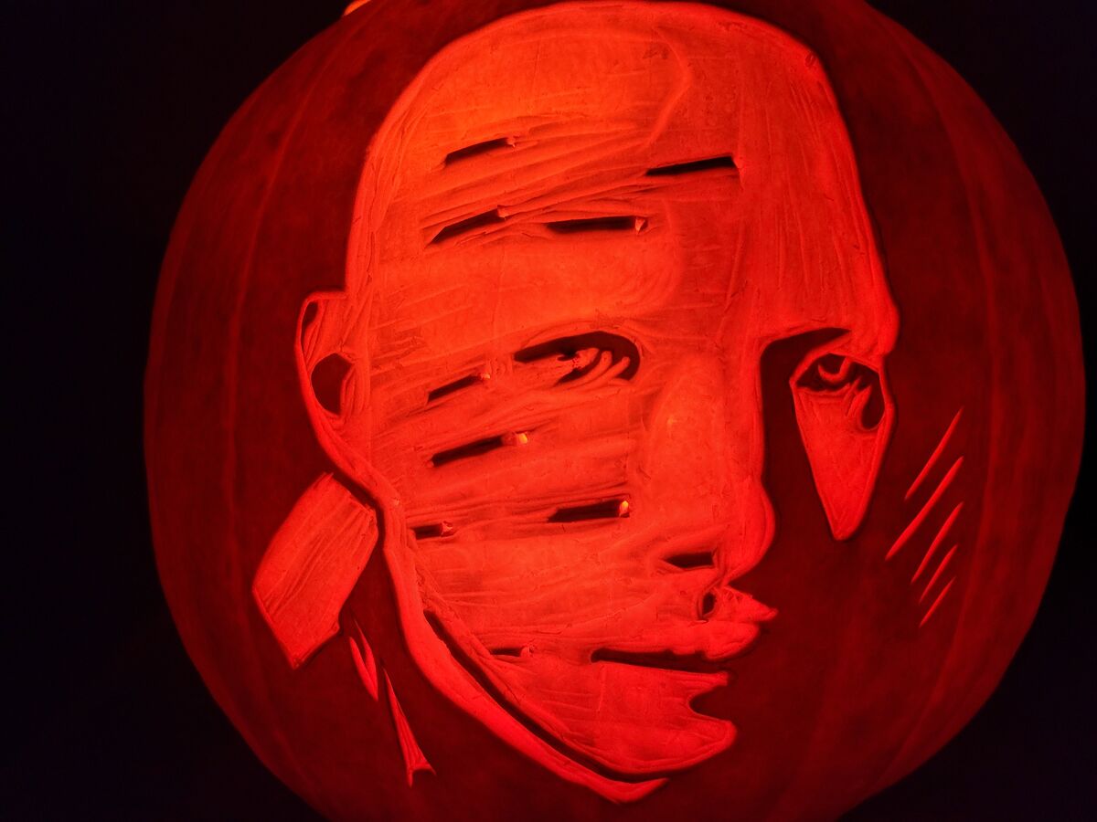 A pumpkin carved with Zao from Die Another Day.