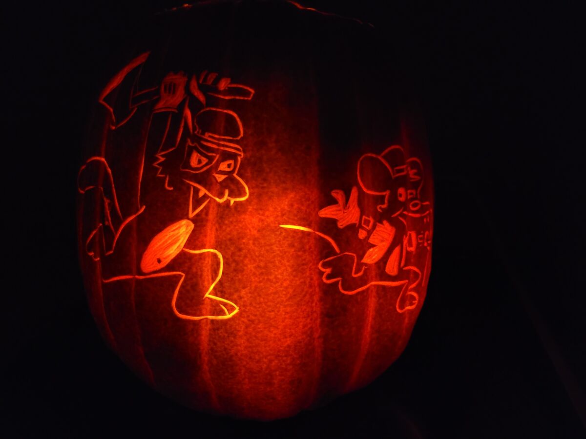 A pumpkin carved with A Chopwork Orange, from The Simpsons.