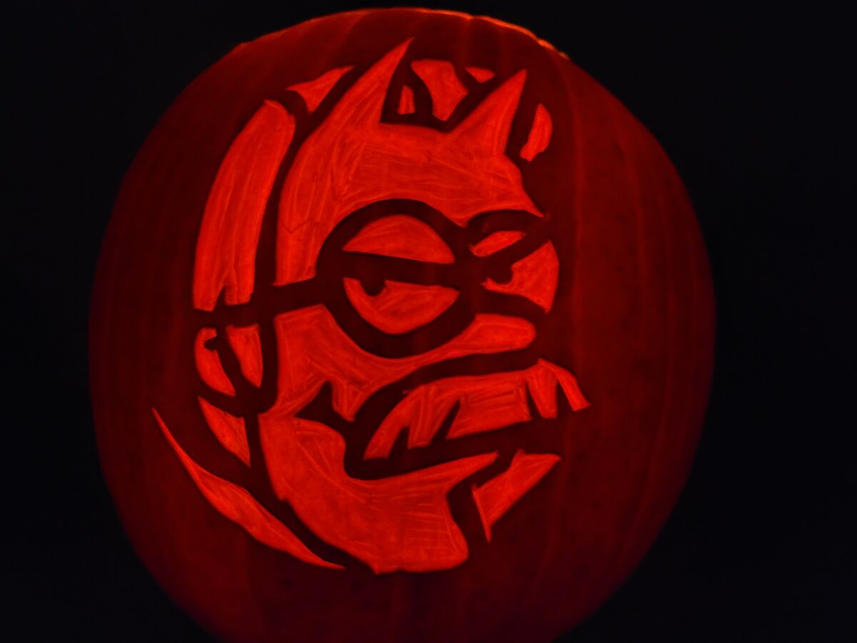 A pumpkin carved with Ned Flanders from The Simpsons.