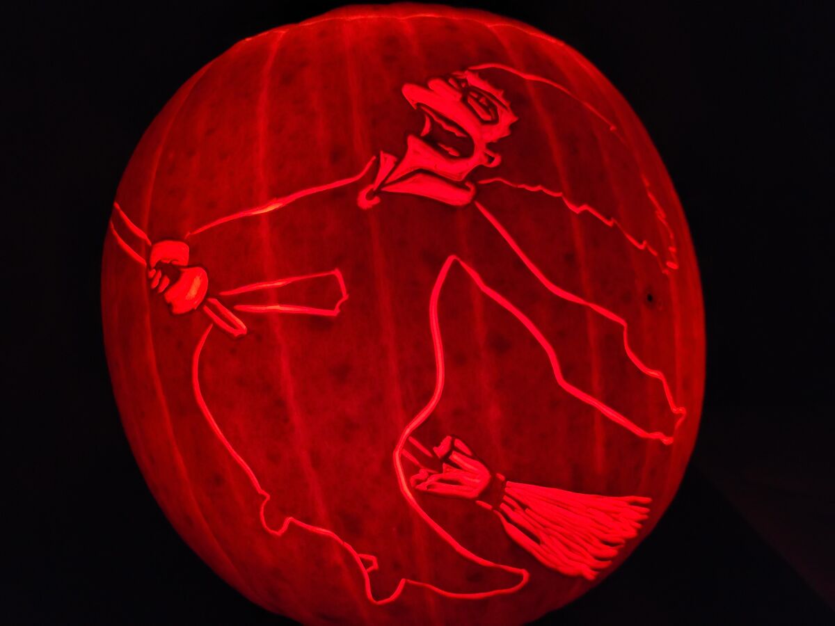 A pumpkin carved with Marge Simpson from The Simpsons.
