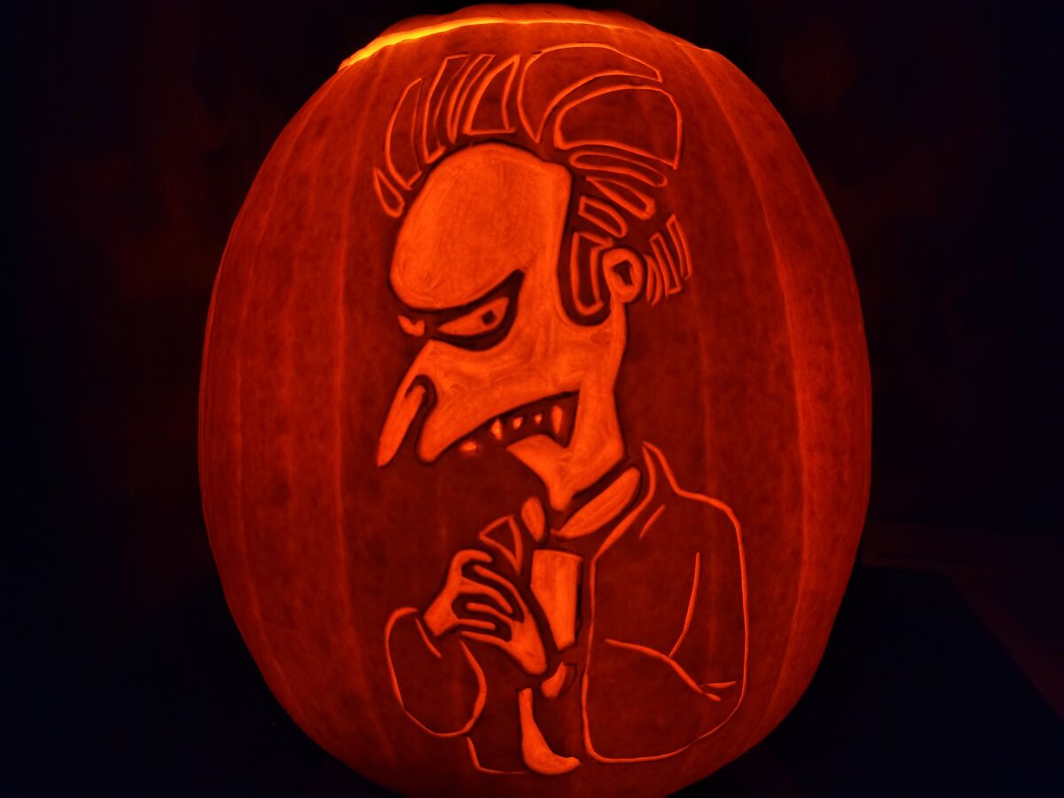 A pumpkin carved with Mr. Burns from The Simpsons.