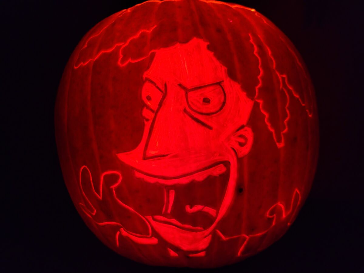 A pumpkin carved with Sideshow Bob from The Simpsons.
