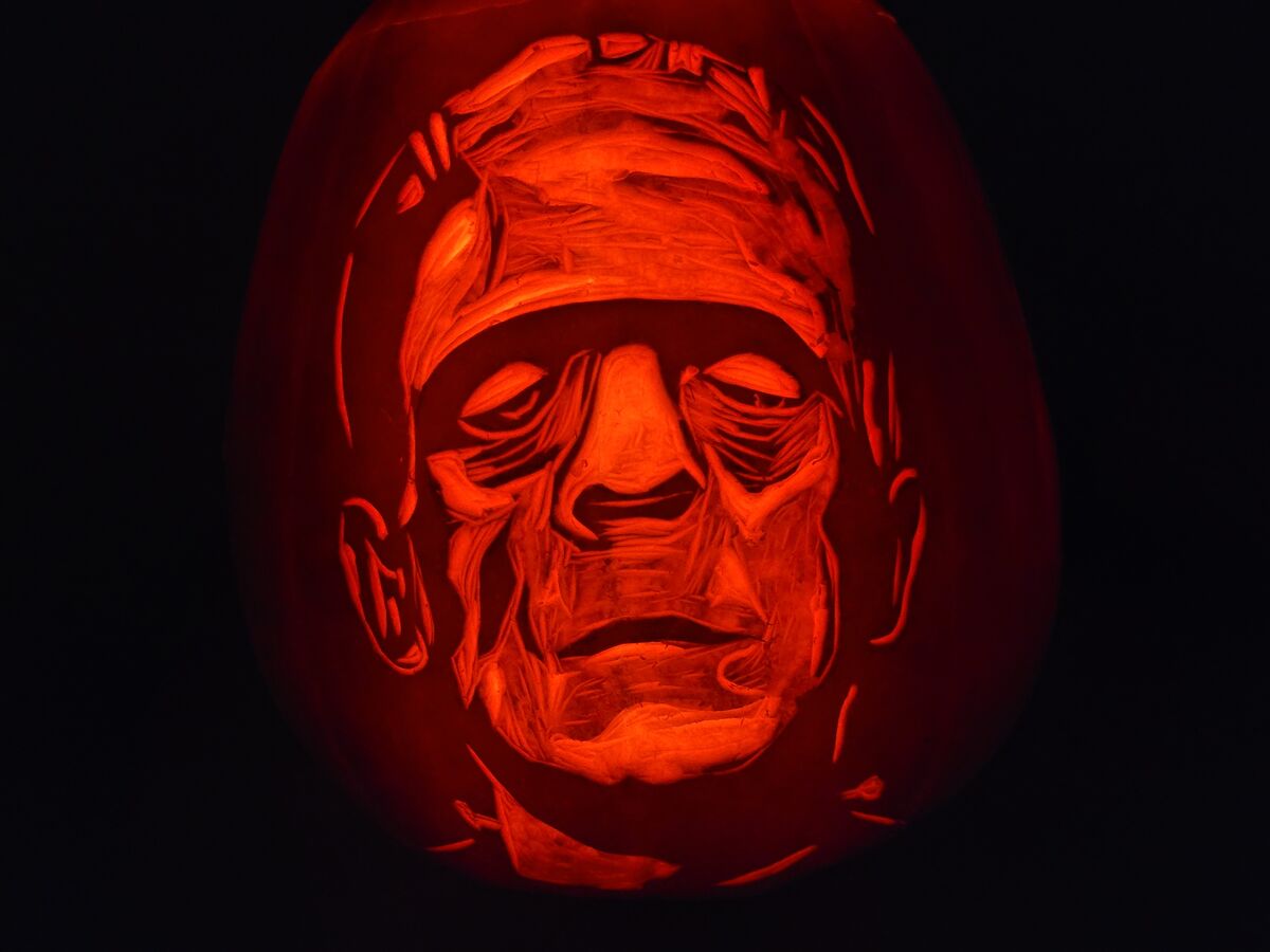 A pumpkin carved with Frankenstein's monster.
