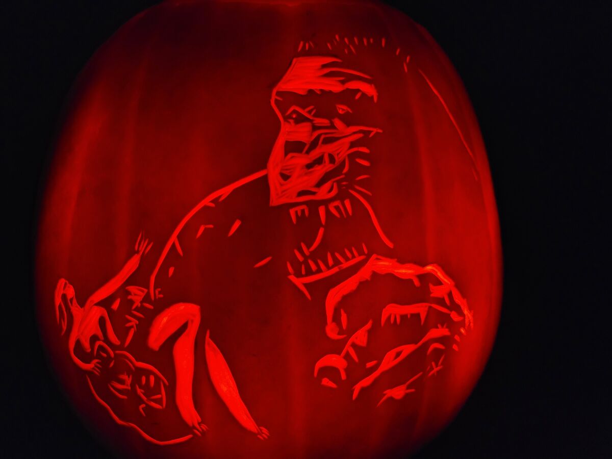 A pumpkin carved with King Kong.