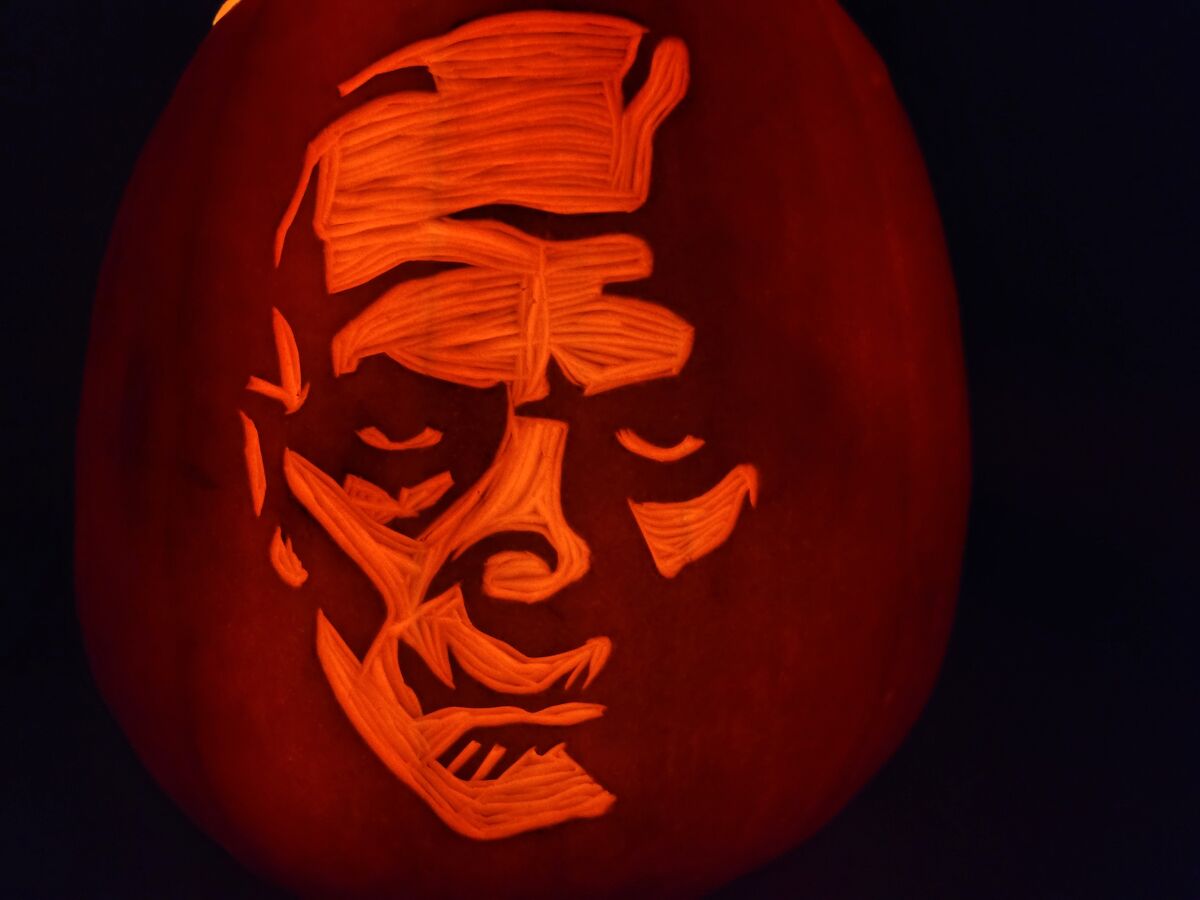 A pumpkin carved with the Mummy.