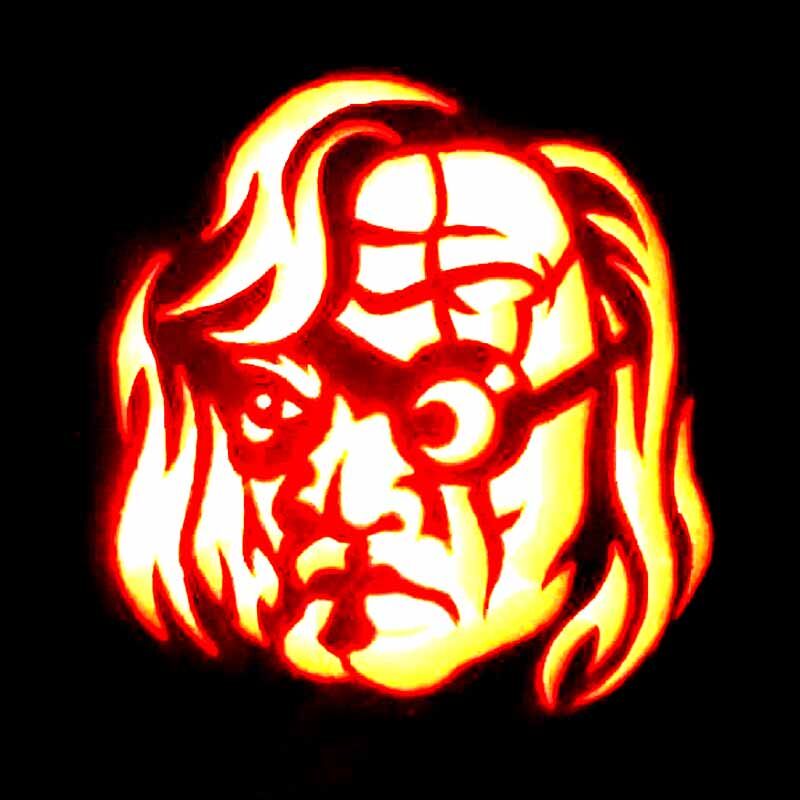 A pumpkin carved with Alastor Mad Eye Moody.